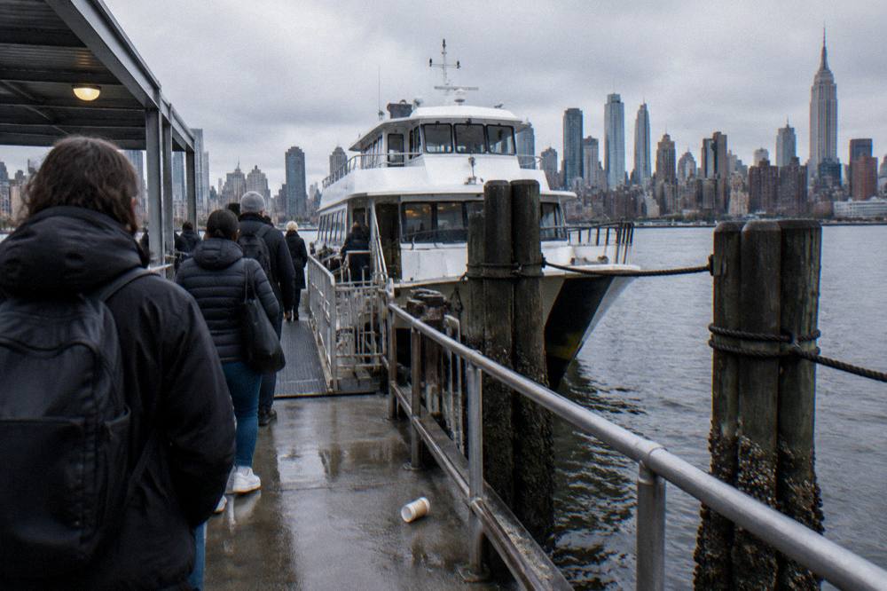 A boarding pier on the Hudson River with a cruise boat tied up and passengers waiting at the gate