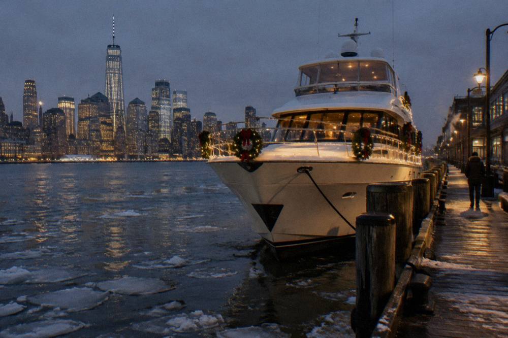 A festively lit yacht at a Manhattan pier in early winter evening